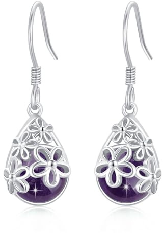 Daisy Amethyst Earrings 925 Sterling Silver Dangle Drop Earrings Hypoallergenic Daisy Flowers Jewellery for Women Girls
