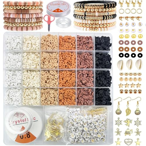 5000 Stück Perlen für Armbänder, Warmer Erd und Goldelementstil Clay Beads, Armbänder Selber Machen, Perlen set zum Auffädeln, Bastelset Armband Halsketten Schmuck Geschenke
