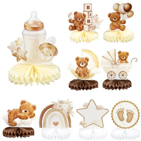 Gender Reveal Partydeko, Bienenwaben Mittelstück Baby Shower Tischdeko | Bären Tortendeko für Babyparty Geschlecht Verkündung Mädchen Jungen, Gold/Braun
