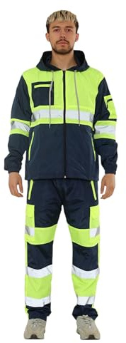 BSBAAA FASHIONS® Tuta impermeabile ad alta visibilità, da uomo, con nastro riflettente ad alta visibilità, abbigliamento da lavoro per pioggia, costruzione, lavoro su strada, giacca con cappuccio e