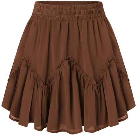 SCARLET DARKNESS Gonna mini da donna estiva in chiffon elastico a vita alta gonna corta con tasche gonna skater, caffè, L