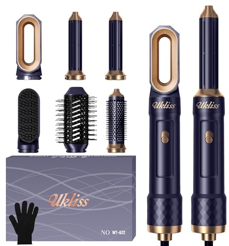 UKLISS Air Styler 6 en 1, Brosse Soufflante Brushing avec Seche Cheveux Ionique, Boucleur a Air, Brosse Lissante Chauffante, Thermal Brush, Brosse Coiffante, Multistyler Cadeaux pour Femmes - Blu