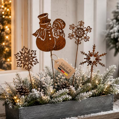 Terma Stahldesign Gartenstecker Rost 4er Set Schneemann mit Sterne/Eiskristall Made in Germany Outdoor rost deko Weihnachten stecker winterdeko draußen blumenstecker Winter