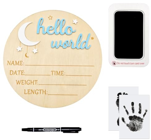 Meilensteinkarten Baby Holz,KAMHBE Hallo Welt Baby Schild Ankündigungsschilder 5,9 Zoll Hello World Annoucement Sign mit fußabdruck baby Foto-Requisite für Neugeborene Jungen und Mädchen