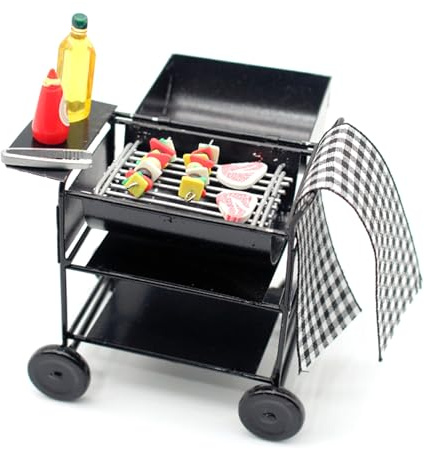 AZIDWERYQ Mini-Grill für den Außenbereich, Grillherd im Maßstab 1:12, Miniatur-Küchenutensilien mit Grillgerichten, Simulation von Grill-Puppenhausmöbeln für Puppenhaus-Dekoration, Miniaturküche