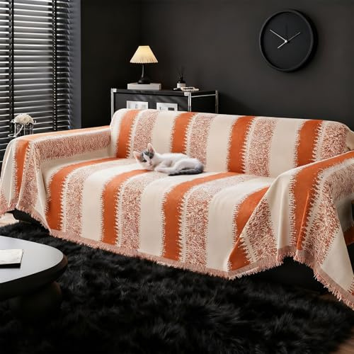 Kaxtde Sofa-Überwurfdecke, 180 x 380 cm, gestreift, Orange-Beige, XL
