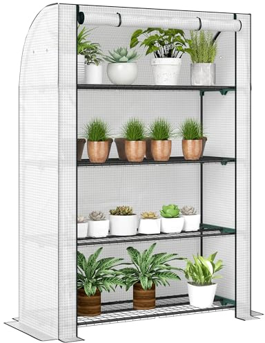 Outsunny 4 Tier Mini Greenhouse Reinforced PE Cover 170 x 120 x 50 cm White | Portable Indoor Outdoor Green House, Roll-up Door, Wire Shelves