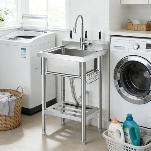 Stainless Steel Laundry Sink with Hot & Cold Water Pipes - Utility Sink with Storage Shelf for Indoor Outdoor - Freestanding Sink with S-Hooks for Laundry Kitchen Bathroom Farmhouse