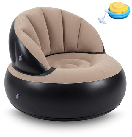BOFITENG Aufblasbarer Sessel Sofa mit Flockoberfläche，Aufblasbares Sofa Rundes Luftsofa inkl Fußpumpe Wasserdichtes Luftsofa Aufblasbares für Wohnzimmer, Couch Aufblasbar Outdoor Camping (Khaki)