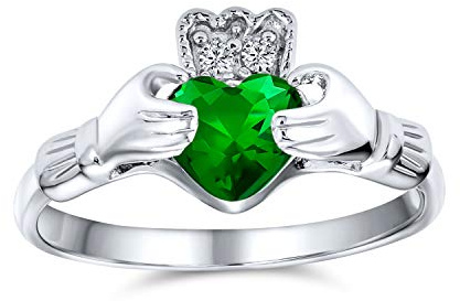 BFF Promesse d'Amitié Celtique Irlandaise AAA CZ Émeraude Verte Simulée Mains & Cœur Bague Claddagh Pour Femmes Adolescents en Argent Sterling .925