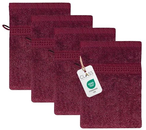 Class Home Collection Frottee Waschhandschuhe 16x21 cm – 4er Set Waschhandschuh – Besonders weiche & saugfähige Waschlappen aus 100% Baumwolle mit Aufhänger – Bordeaux