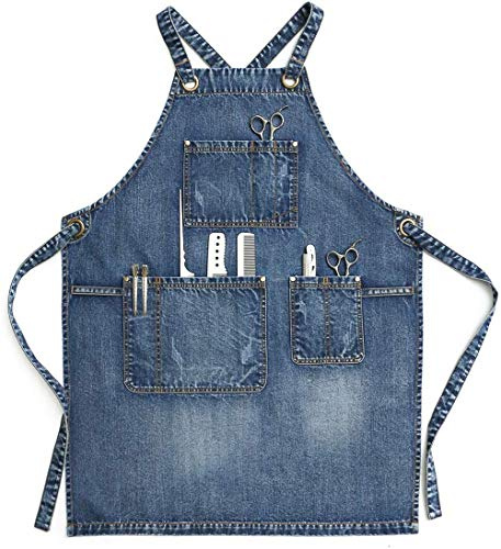 CPTDCL Unisex jeanförkläde, blått denimförkläde för hårstylister, hantverkare, barista, grillning, med praktiska fickor för män och kvinnor (M)