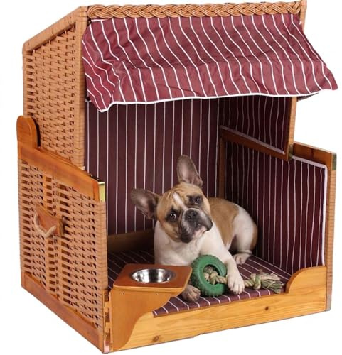 MR. DEKO Hundestrandkorb Rot Gestreift | Hunde-Strandkorb Hunde wetterfest | inkl Wassernapf PE Beige