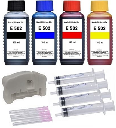 Tintenpatronen Nachfüllset 4 x 100 ml Nachfülltinte + USB Chipresetter für Patronen 502, 502XL Black, Cyan, Magenta, Yellow