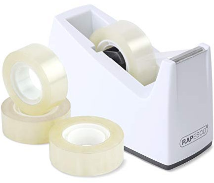 Rapesco 1620 Dispenser per Nastro Adesivo 300 con Nucleo da 25 mm, Include 4 Rotoli di Nastro, Bianco