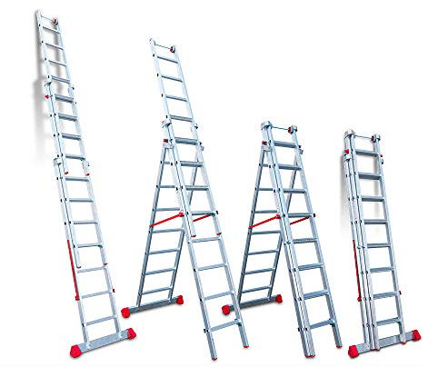 Faraone - Escalera Multiuso EN 1508 - 3 Tramos - 7+8+8 peldaños - 252x56x20cm - Peldaños Cómodos y Antideslizantes - Escalera de Aluminio - Ligera y Fácil de Manejar