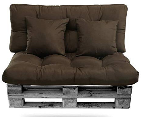 Conjunto de Cojines Palet (Asiento + Respaldo + 2 Cojines Decorativos) para palets. Cojín de Palets y de sillones de 2 plazas. Ideal para Interior y Exterior (Marrón)