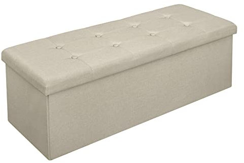 WOLTU Sitzbank mit Stauraum 110cm, Truhe mit stauraum 118L Faltbar, Sitztruhe Sitzbox Aufbewahrungsbox klappbare, Bettbank Schlafzimmer, belastbar bis 300 kg, aus Leinen, Cremeweiß