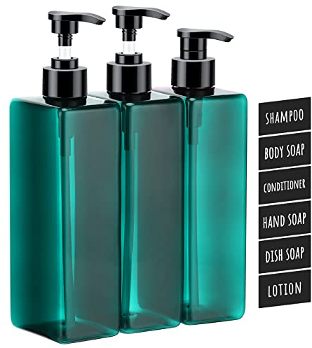Segbeauty Shampoo Flaschen, 3 Stück 500 ml leere Pumpflasche, Nachfüllbare Seifenspender plastik, Shampoo Spülung Duschgel Spender mit Selbstklebend Wasserdichten Etiketten für Küche Bad, Hellmeergrün