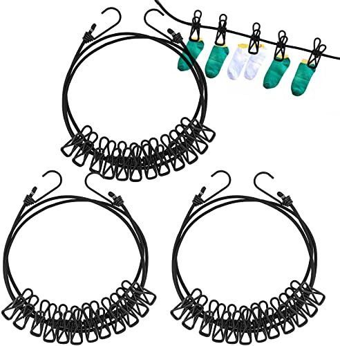 ZEONHEI 3 Stück 185-380cm Reise Wäscheleine, Tragbar Camping Wäscheleine mit 12 Clips, Flexible Elastische Outdoor Wäscheleine Einziehbare Wäscheleine für Zuhause, Outdoor, Schwarz