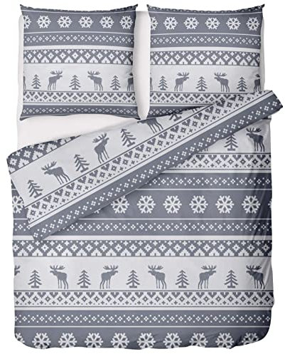 LINKHOFF Biber Bettwäsche 135x200 2tlg - Weihnachtsbettwäsche aus 100% Baumwolle - Fein-Biber Winterbettwäsche Grau Weiß mit Rentier Motiven - Weihnachten - Kissen + Bettbezug