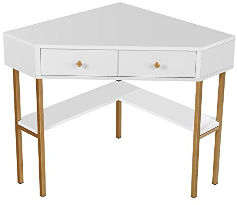 GOPLUS Escritorio de Esquina en Forma de L de diseño Moderno con 2 cajones, Estante y Marco metálico, Mesa de Ordenador de Esquina Estable para Sala de Estar, Estudio y Oficina, 70 x 70 x 75 cm