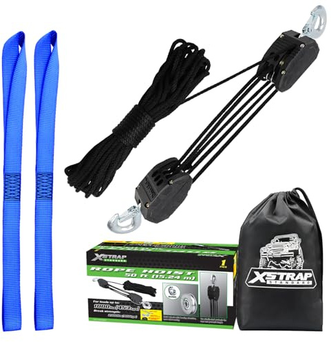 XSTRAP STANDARD Heavy-Duty 2,000LB 50 Feet Rope Hoist Pulley 1 Ton Wheel Block and Tackle System 5:1 Ratio Lifting Power with 2PK 18 Inch Soft Loops (Upgraded 50ft Black)