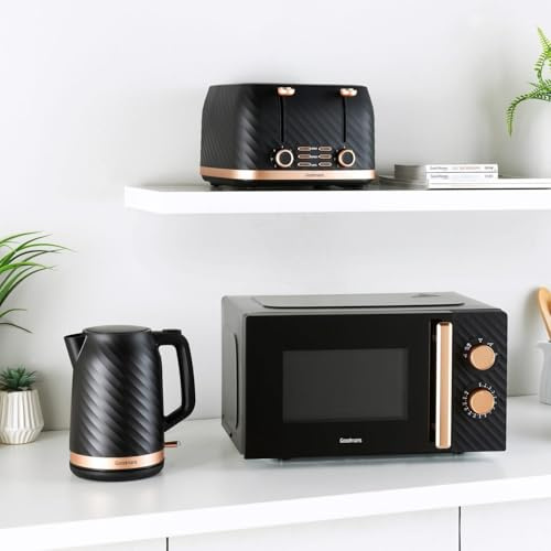 AJ Goodmans Kitchen Set Microwave, Toaster & Kettle Black & Rose Gold Copper Textured 3pc