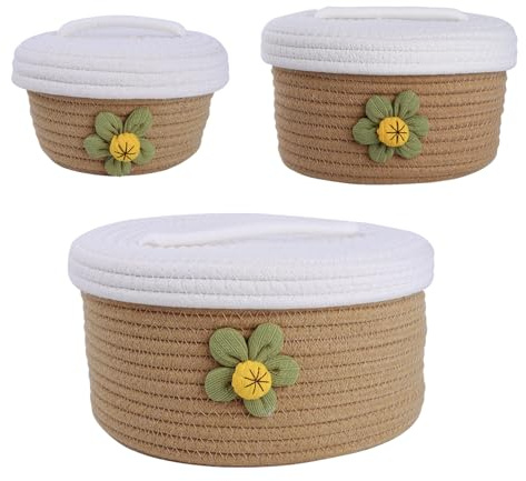 A Set of Three Large Covered Storage Baskets, Handmade Woven Fresh Style Desktop Decoration, Organizing Household Miscellaneous Items