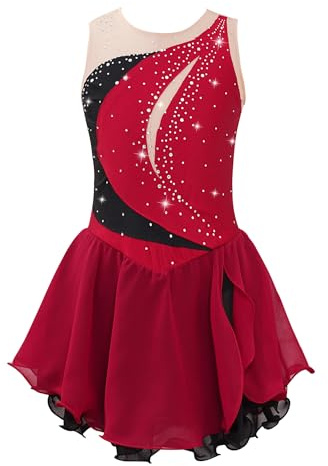 FEESHOW Kinder Mädchen Eislaufkleid Glitzer Tanzkleider Ärmellos Patchwork Ballett Body Trikot Gymnastik Kleid Mit Strass Wettbewerb Kostüm