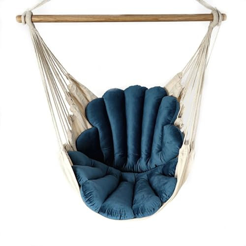 Love Gifts® Hängesessel mit 2 Kissen Muschelform und Deckenhaken-Kit 130/100 cm - 150kg Belastbar, Hängestuhl für Erwachsene & Kinder, Hängesitz Aufhängung Indoor, Farbe blau