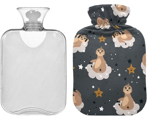 ZZXXB Wärmflasche mit Faultier und Sternen, mit Fleece-Bezug, PVC-Wärmbeutel, 1 Liter