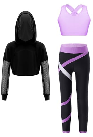 Freebily Tuta da Ginnastica Artistica Bambina 3 Pezzi Hoodie Felpa con Cappuccio + Reggiseno Sportivo Crop Top + Leggings Sportivi Completo Sportivo Allenamento Danza Moderna Lanvanda 15-16 anni
