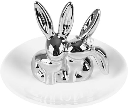 DiiWmme Hasen-Ringhalter, silberfarben, rosa, Rabiit-Ringschale, Keramik, einzigartiges Schmucktablett, Hase, Geschenk für Mädchen, Frauen, Freundin, sie, zu Weihnachten, Hochzeit, Verlobung (Silber)