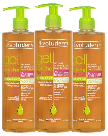 EVOLUDERM – Gel Doccia Surgras Idratante – 500 ml – 96% di origine naturale – Vegan – Fabbricazione Francese – Confezione da 3 x 500 ml