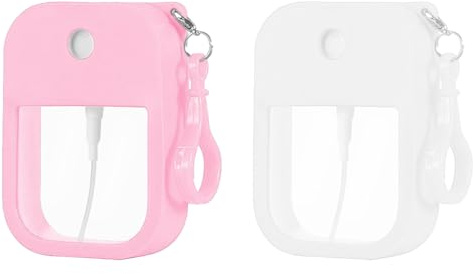 XBFOCNH 2 Stück 38ml Sprühflaschen Kleine,Wiederverwendbar Mini Feinnebel Sprühflasche,für Parfüm, Körperpflege Flüssigkeit,Kosmetik,Mit Silikonhülle + Schlüsselanhänger,Weiß,Rosa