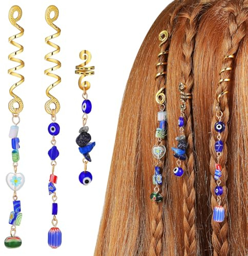 DEARMAMY 3pcs Dreadlock Beads Metal Hair Jewelry for Women Braids Blue Eye Spiral Hair Cuff Charms Accessories Rings Cuffs Gold Braiding Clip