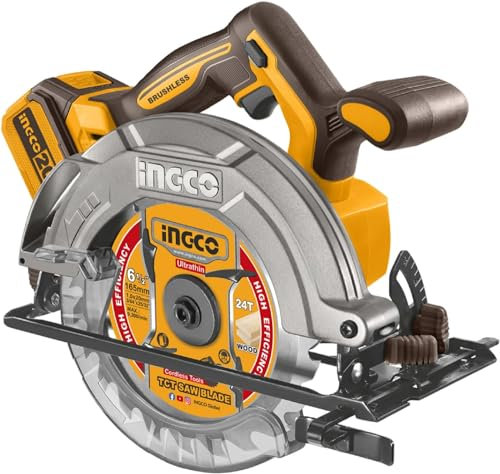 INGCO INGCO Scie Circulaire Sans Fil 20V (Produit Seul), Moteur Sans Balais, Diamètre 165mm, 5200 tr/min coupe 55 mm (90 °), 42 mm (45 °) pour Bois, Plastique, Métal Fin CSLI1652