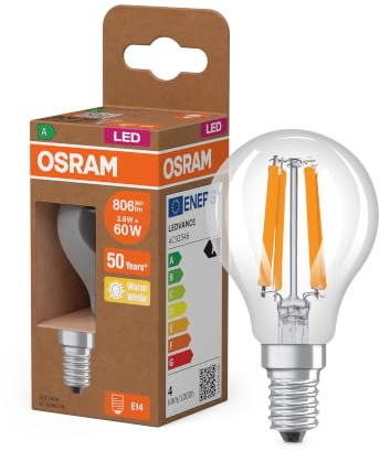 Osram Energy Class LED-Lampe in klassischer Miniballform, 3.8 W / 806 lm, EEK A, warmweißes Licht (2700 K), CRI 80, aus klarfarbenem bleifreiem Glas, E14 Sockel, IP20, 45 mm Durchmesser.
