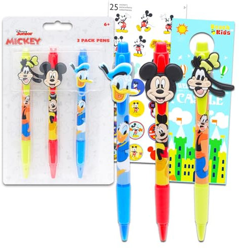 Set di penne a sfera Topolino, 3 pezzi, Topolino, Paperino, Pippo, Confezione regalo per bambini Plus adesivi, molto altro | Articoli per la scuola di Topolino e amici, forniture per ufficio
