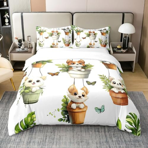 100% Bio Baumwolle Kinder Hund Bettbezug,Nette Welpen Bett Set 200x200 für Mädchen Jungen Teens,Garten Grüne Pflanzen Bettwäsche Set,Familie Töpfer Design Tröster Bezug,Grün Weiße Bettwäsche Abdeckung