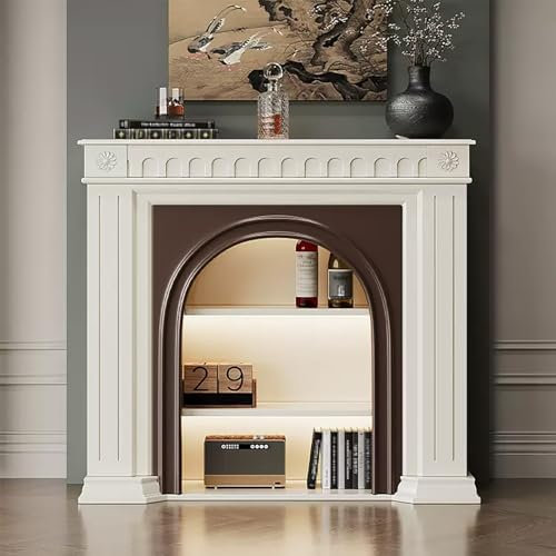 Soporte de TV para chimenea con estante abierto, centro de entretenimiento para sala de estar, dormitorio, consola de TV de madera, soportes decorativos para TV