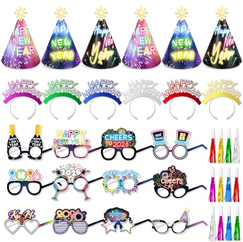 DPKOW Silvester Deko 2026, 36 Stück Neonfarbene Silvesterpartyhüte Brillen Happy New Year Haarreif Krachmacher mit Fransen, Bunte Silvester Foto Requisiten Neujahrs Partyzubehör 2026 Silvester