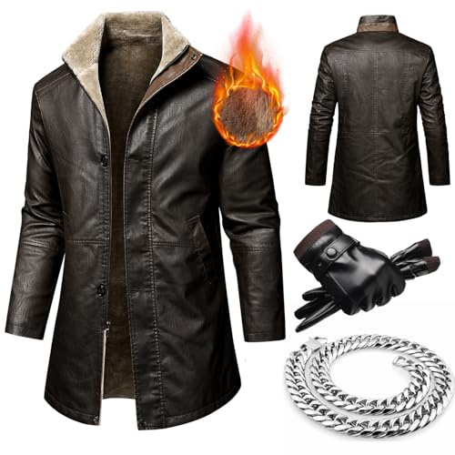 HECLOK Herren Vintage Ledermantel Herren Lange Echtes Leder jacke Winter Mantel mit Pelzkragen Dicke Trenchcoat Winter Jacke Herrenmantel mit Fellkragen Motorradjacke (TYP-1,XL)