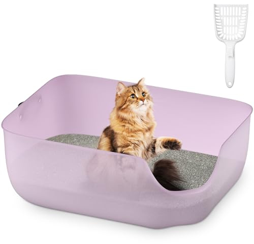 Olurrsia Katzentoilette, 56L x 42B x 22H cm Katzenklo mit Hohem Rand, Für Kleine und Mittelgroße Katzen, Katzentoilette mit Leder-Seitengriff & Streuschaufel, Transparentes Lila