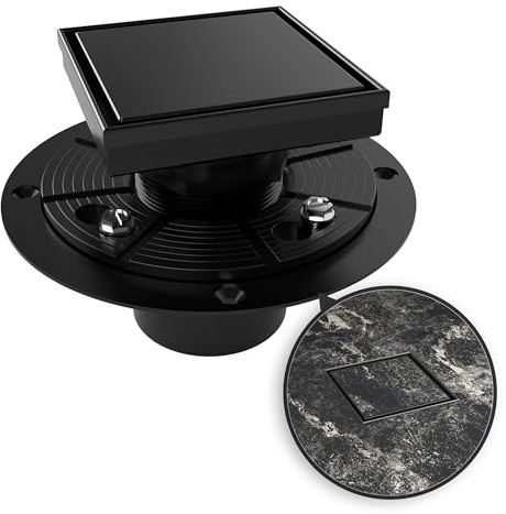 WEBANG 4 Zoll Quadratischer Duschrinne Schwarz Bodenablauf mit Flansch Reversible 2-in-1 Abdeckung Flieseneinsatz Rost Abnehmbar SUS304 Edelstahl CUPC Zertifiziert Mattschwarz