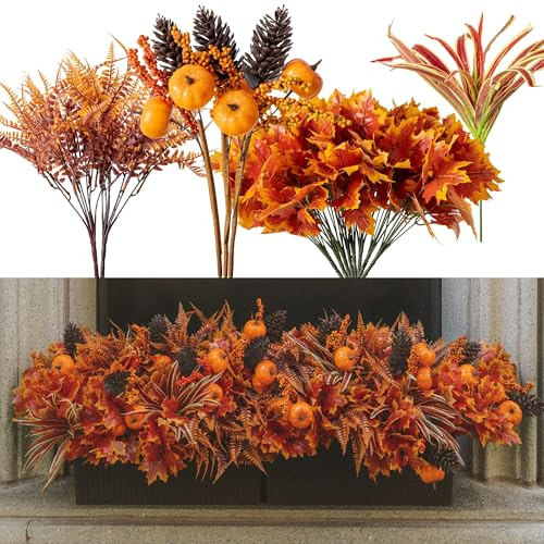 PARTY JOY 15pcs Artificial Maple Leaf Pumpkin Branch with Berry and Maple Leaves for Indoor/Outdoor Hanging Artificial Plants, Garden, Porch, Window Box, Home, Wedding, Farmhouse Decor
