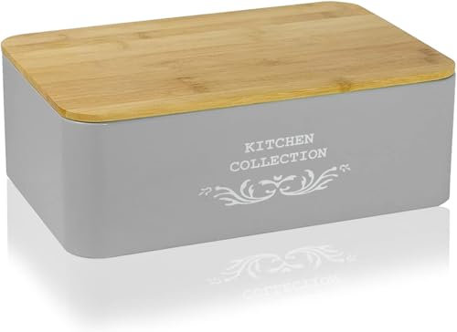 Riyashop Panera con tapa de bambú, para guardar el pan, con tabla de cortar, panera, tapa de metal/bambú, aprox. 35 x 12,5 x 23 cm, estilo rústico (Kitchen Collection antracita)