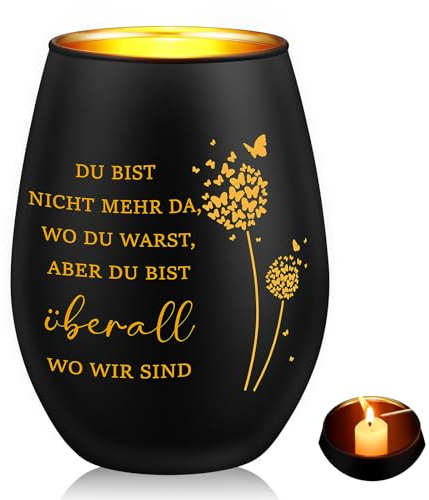 Nuenen Trauergeschenk Windlicht mit Gravur, Schwarzgold,Schmetterling 3 | Trauerlicht Trauerkerze Geschenke für Trauernde zur Beerdigung Trauer Deko Gedenkkerze Gedenklicht Erinnerungslicht
