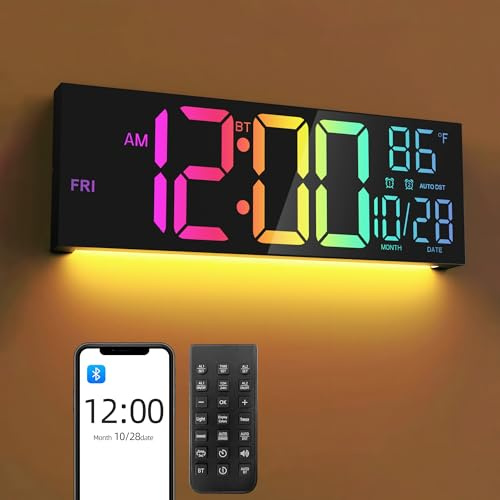Mee 2ou Orologio da Parete Digitale 16,5 con Bluetooth, Luce Notturna, Dimerabile, 2 Allarmi, Temperatura, Colori RGB, Telecomando, 12/24H, Timer – Salotto, Ufficio, Anziani